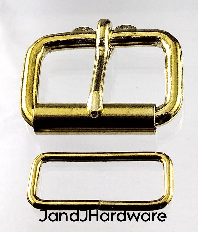 1 1/2 inch brass plated maker pack consisting of 2 each of a heel bar roller buckle and a belt keeper.