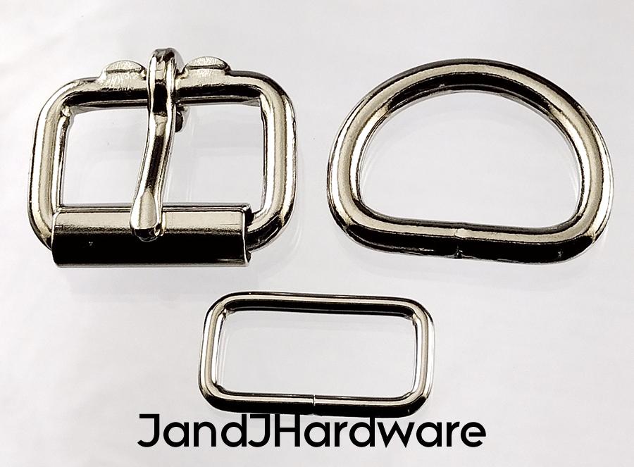 1 inch nickel plated maker pack consisting of 2 each of a heel bar roller buckle, D ring and a belt keeper.
