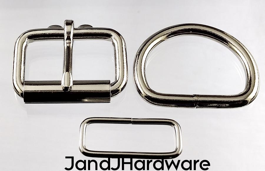 1 1/2 inch nickel plated maker pack consisting of 2 each of a heel bar roller buckle, D ring and a belt keeper.