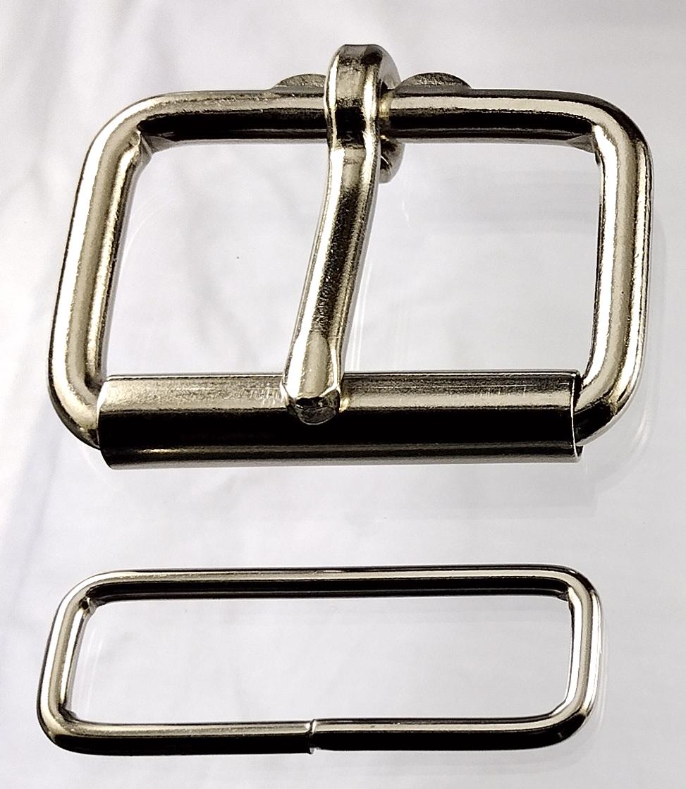 2 inch nickel plated maker pack consisting of 2 each of a heel bar roller buckle and a belt keeper.