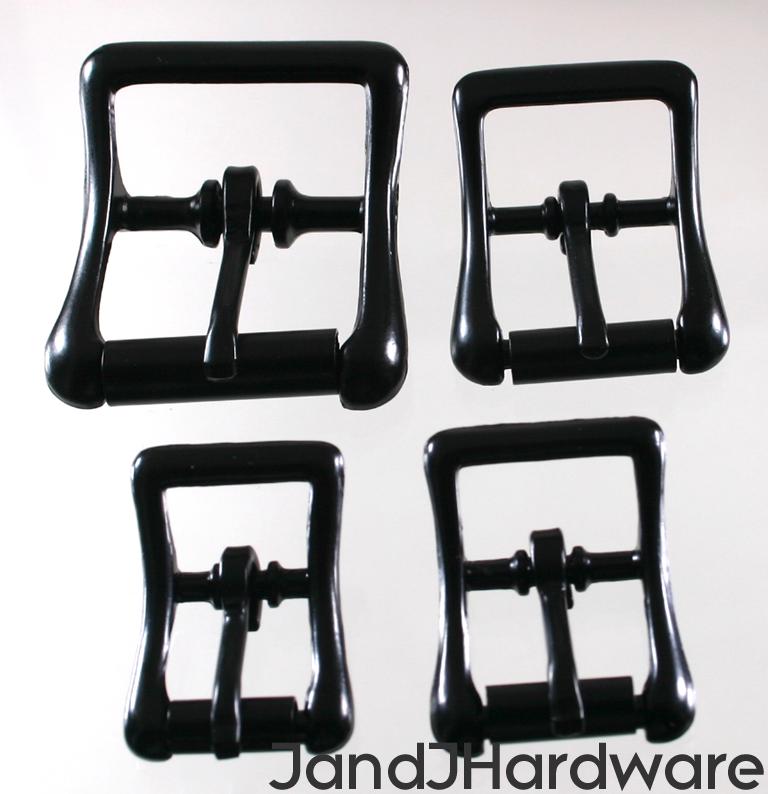 A group of shiny black center bar true roller buckles from 1/2 to 21 inch.