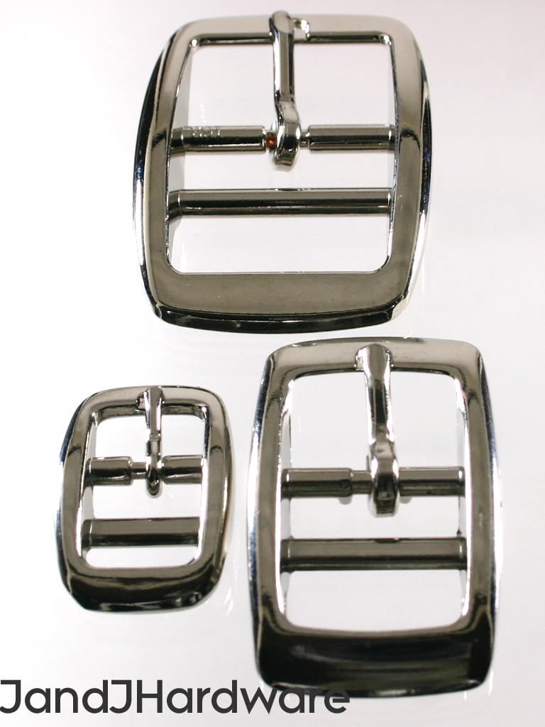 A set of double bar buckles from 1/2 to 1 inch in width. The double bar allows strap to be attached to the center separate bar.