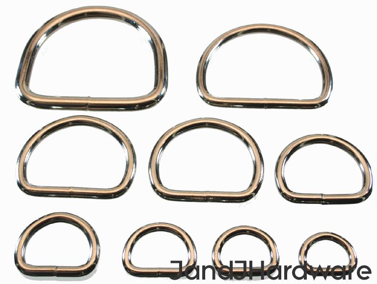 Heavy nickel plated D rings from 3/4 to 3 inch in width.