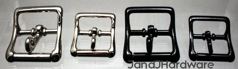 4 different center bar true roller buckles with a locking tongue in both nickel and black finishes.