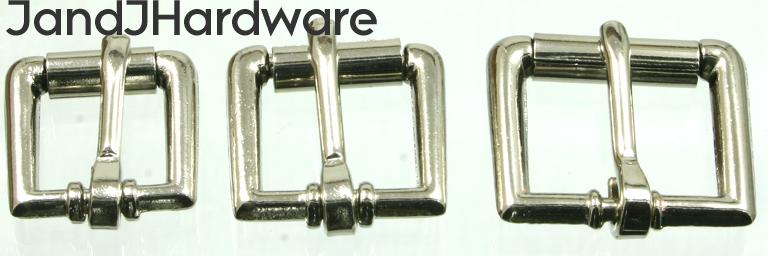 A group of slim line or miniature heel bar roller buckles from 1/2 to 3/4 inch in width.